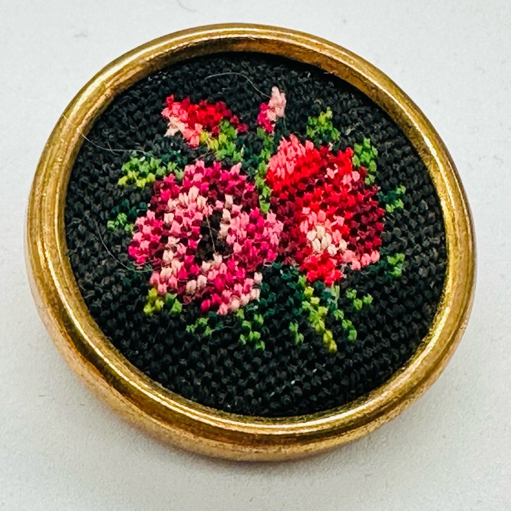 Vintage Needlepoint Brooch Pin Gold Tone Roses Floral Austria